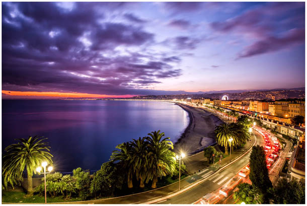 Landschaftsfoto von der Promenade von Nizza, Alpes-Maritimes, Frankreich. Aufgenommen übern Hotel Suisse von Fotografen aus Villach, Kärnten